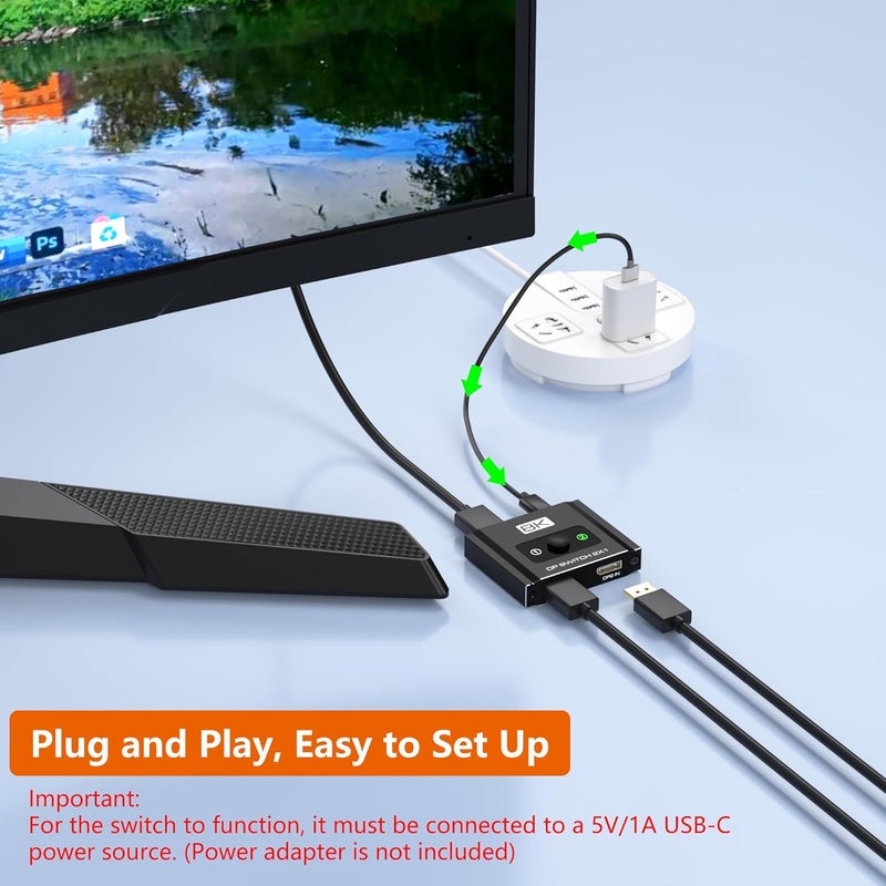 Closs DisplayPort Switch 2 in 1 Out, 8K@60Hz DP 1.4 Switcher Selector Box, Unidirectional Display Port Switcher for Dual PCs & Gaming Consoles, 4K@144Hz DP Switch with DSC Support (DP Cables Not Included) - Image 3